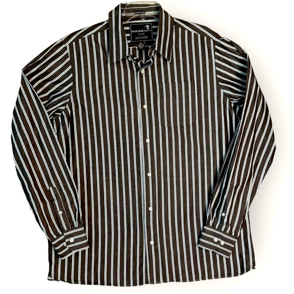 Duck Head Striped Long Sleeve Button Up Shirt Athletic Fit Mens XXL Brown White